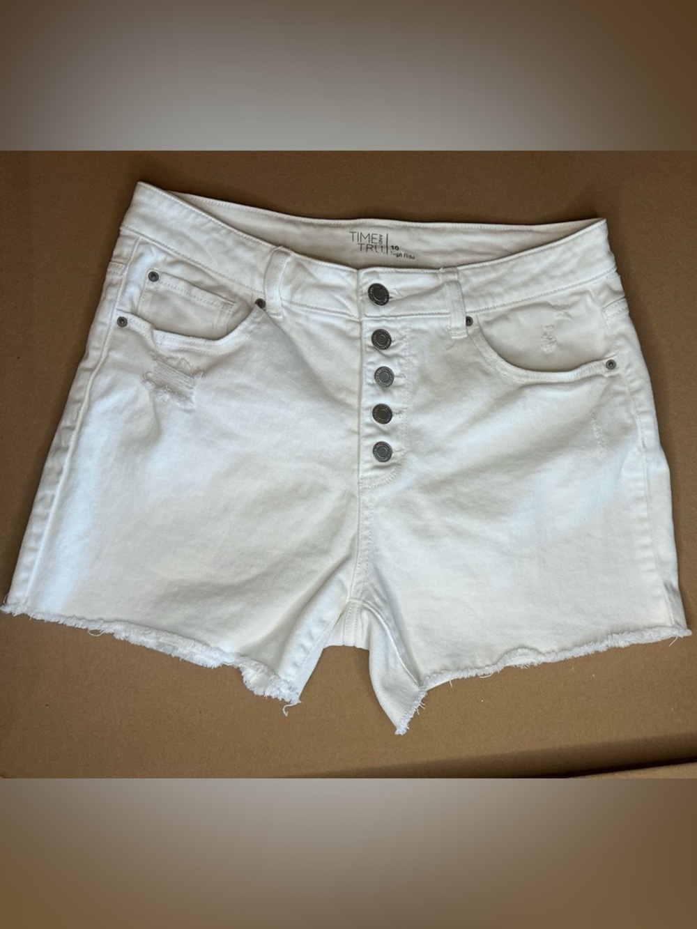 Time and Tru White High-Rise Button Fly Denim Shorts
